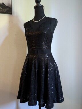 EXPRESS Black Sequin Party Dress - Size S - Mesh Detail & Flared Skirt